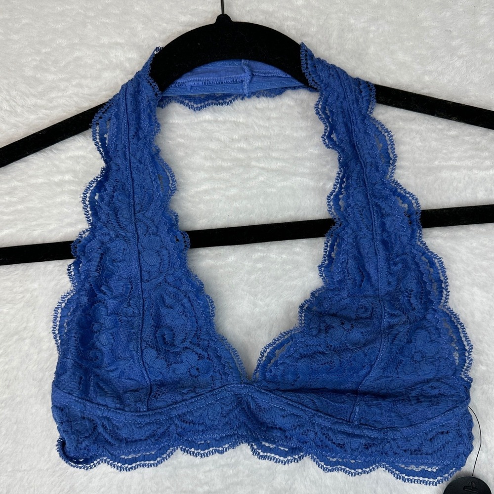 Akira Lace Halter Bralette Women S/M Blue Floral Scalloped Trim